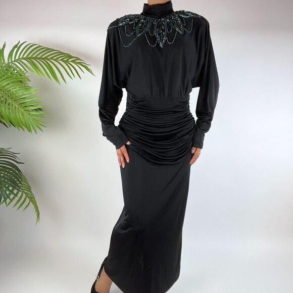 Vintage 80s Black Retro Whimsigoth Ruched Beaded Maxi Evening Dress / Size: M - Picture 3 of 5